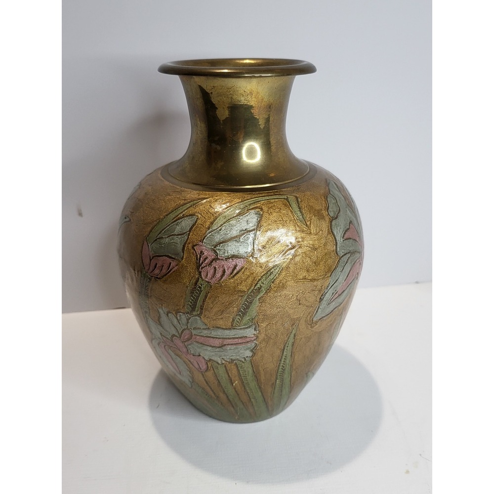 Vintage Brass Floral Vase Hand Painted Enamel Etched Made in India Boho Decor - Picture 5 of 10